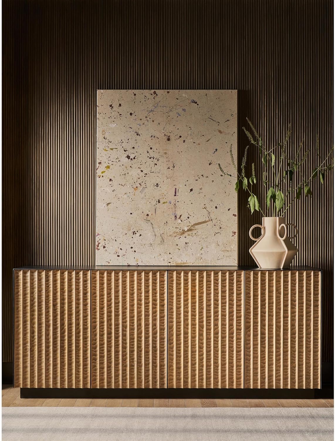 Noir Modern Carved Wood Credenza with Rubbed Iron Frame | Universal Furniture