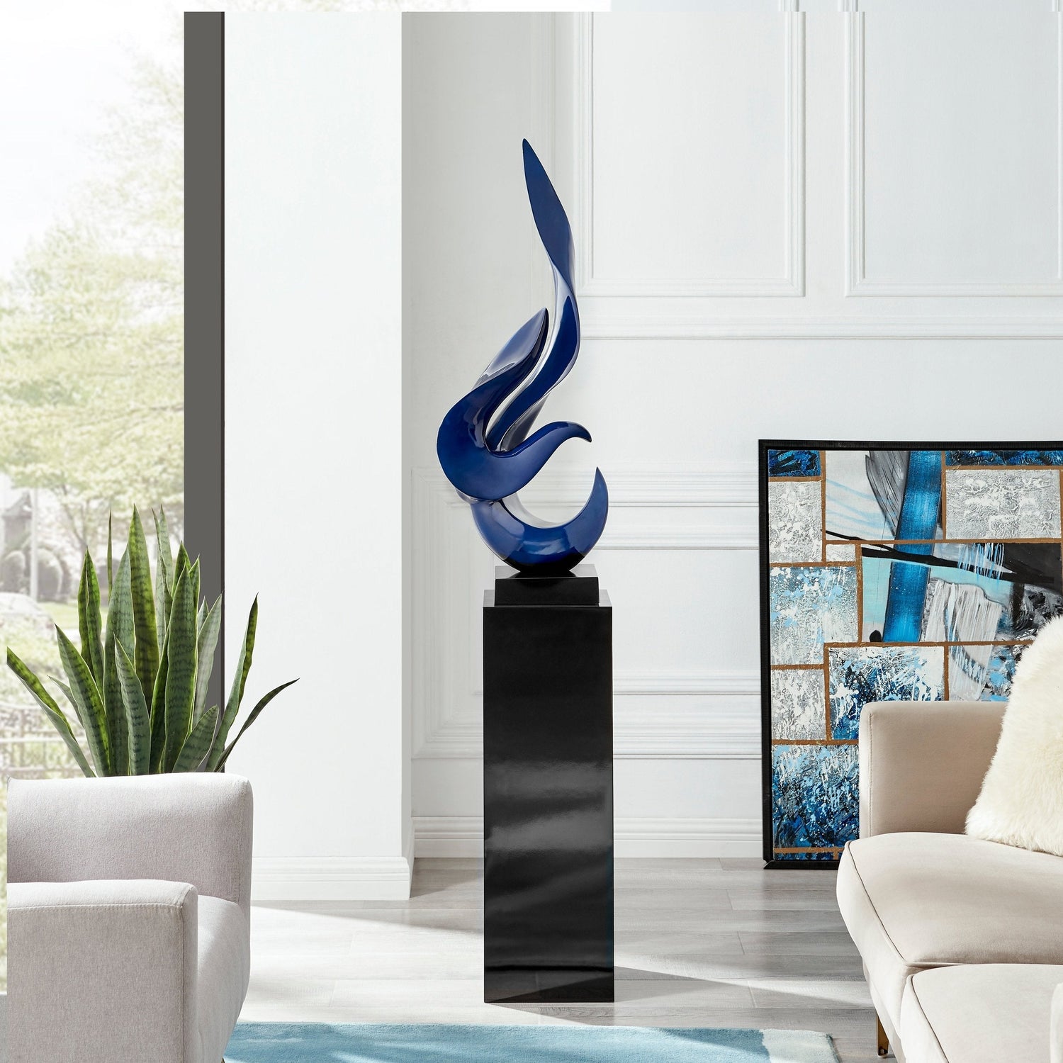 Flame 65" Tall Floor Sculpture // Blue with Black Stand  | Finesse -  Home Elegance USA