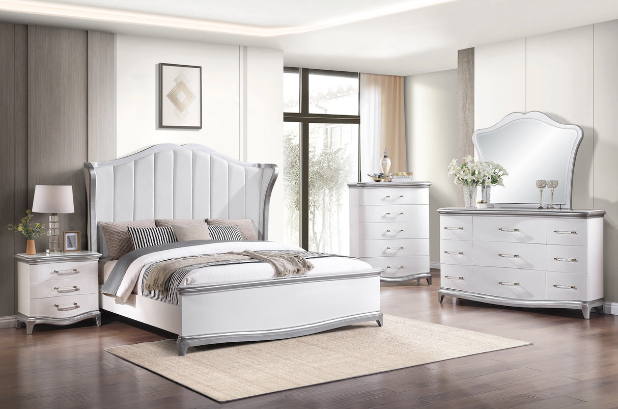 Nina Bedroom Set by Cosmos Furniture with tufted high-back bed in white and silver, matching dresser (66×18×40), mirror (48×2×40), nightstand (28×18×28), and chest (39×18×51).