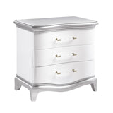Nina Nightstand by Cosmos Furniture with tufted high-back bed in white and silver.