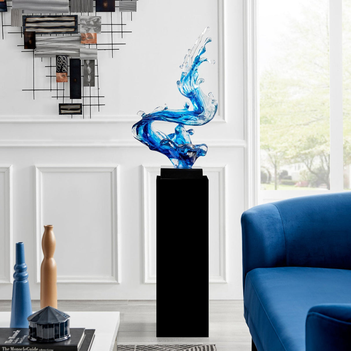 Ocean Blue Cortes Bay Wave Floor Sculpture with Black Stand, 57" Tall  | Finesse