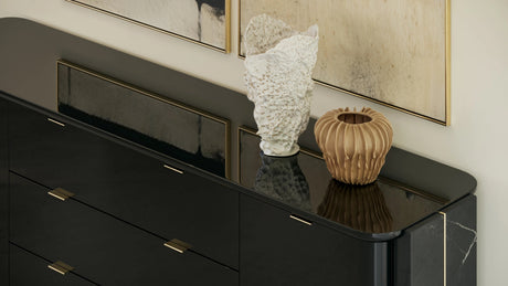 Overlap Sideboard Piano Black with Nero Marquina Stone | Caracole Classic