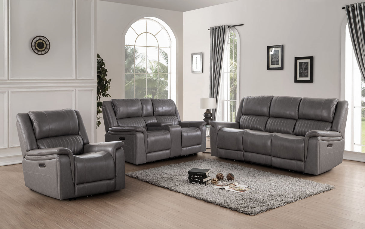 Palmer Motion Living Room Set with P2 power sofa (87×39×41), console loveseat (76×39×41), and optional power recliner (41×39×41). Top grain Italian leather.