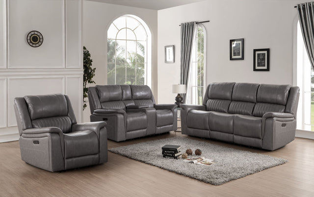 Palmer Motion Living Room Set with P2 power sofa (87×39×41), console loveseat (76×39×41), and optional power recliner (41×39×41). Top grain Italian leather.