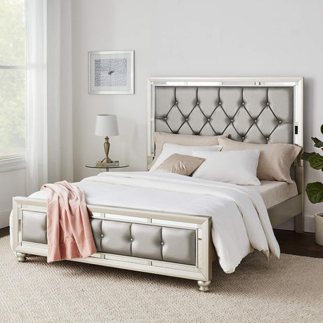 Riley Upholstered Silver Bed with Crystal Tufting – Global - sold by Home Elegance USA