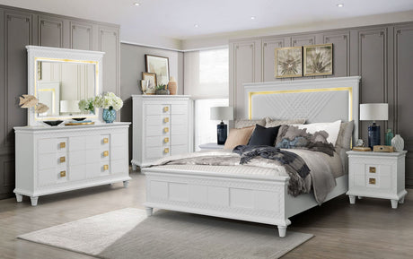 Rebecca Bedroom Set by Cosmos Furniture in white and gold, featuring illuminated headboard, dresser (68×19×42), mirror (52×3×43), nightstand (30×19×30), and chest (42×19×52).