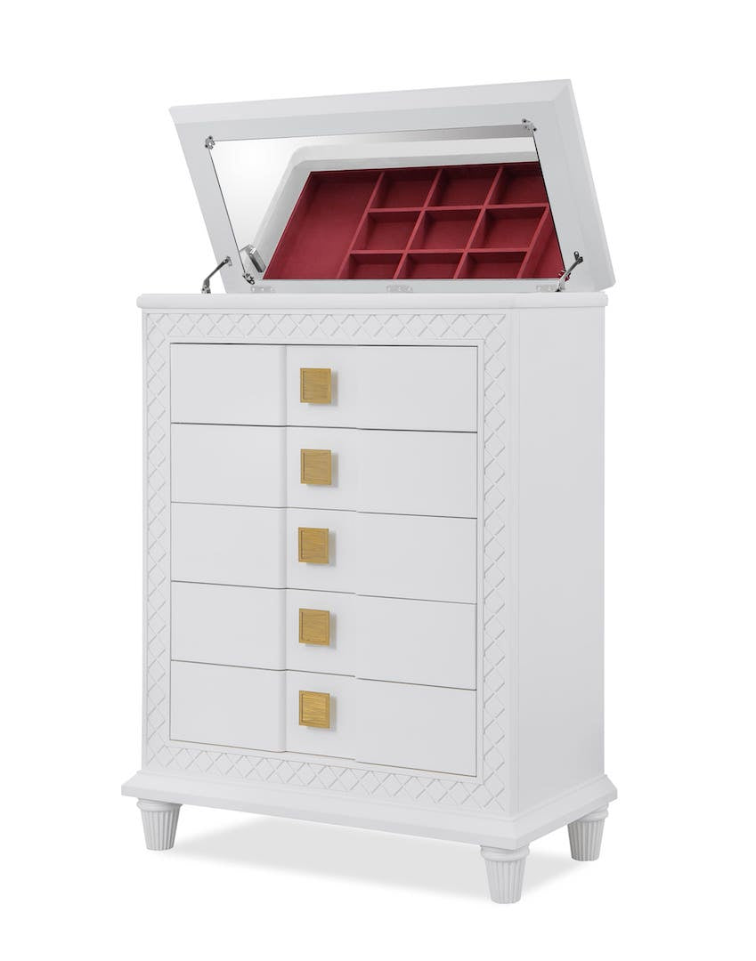 Rebecca Jewelry Armoire by Cosmos Furniture in white and gold.