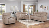 Riley P2 top grain leather motion living room set with power sofa (86×40×43), power loveseat with console (79×40×43), and power recliner (39×40×43). Includes full seating group in modern neutral leather.