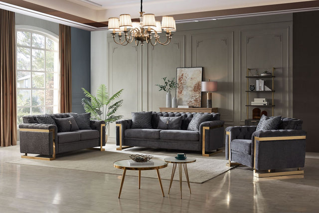 Riya Living Room Set by Cosmos Furniture in grey fabric with gold accents; includes sofa (90×35×34), loveseat (66×35×34), and optional chair (42×35×34).