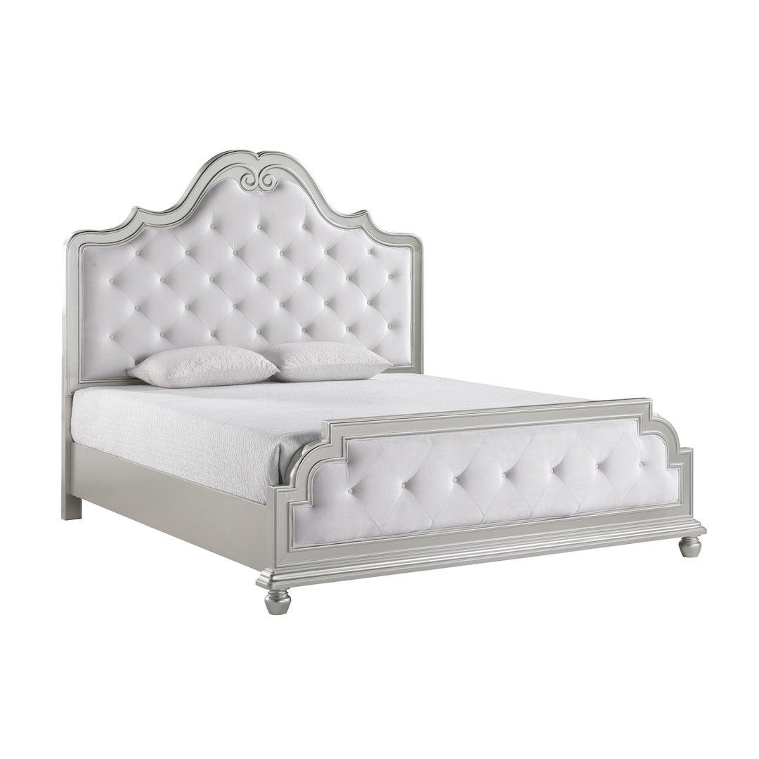 Roma Bed by Cosmos Furniture in silver finish with tufted headboard. Includes Queen/King bed (HB/FB/rails)