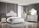 Roma Bedroom Set by Cosmos Furniture in silver finish with tufted headboard. Includes Queen/King bed (HB/FB/rails), dresser 66×18×51, mirror 48×2×40, nightstand 28×18×28, and chest 39×18×51.