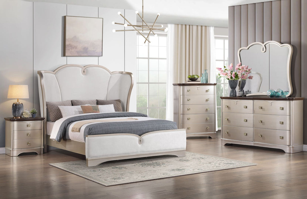 Rose Bedroom Set by Cosmos Furniture in champagne finish with wingback headboard. Includes Queen/King bed (HB/FB/rails), dresser 66×18×40, mirror 48×3×44, nightstand 28×18×28, and chest 39×18×51.