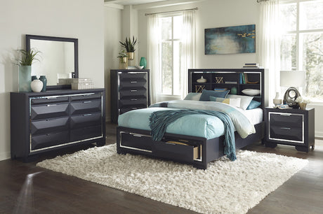 Rosemont midnight blue bedroom set with chrome accents, bookcase headboard, and storage footboard. Includes bed, dresser, nightstand, mirror, and chest. Dimensions up to 78.5W × 92D × 53H.