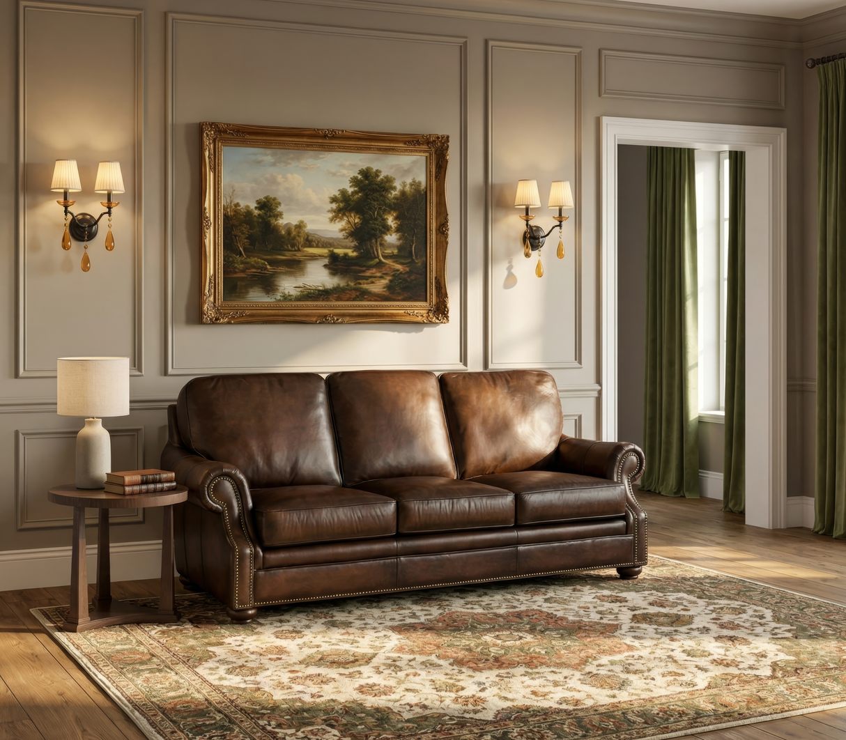 Sofá fijo de cuero Montgomery en marrón Sedona Chateau – Muebles Hooker