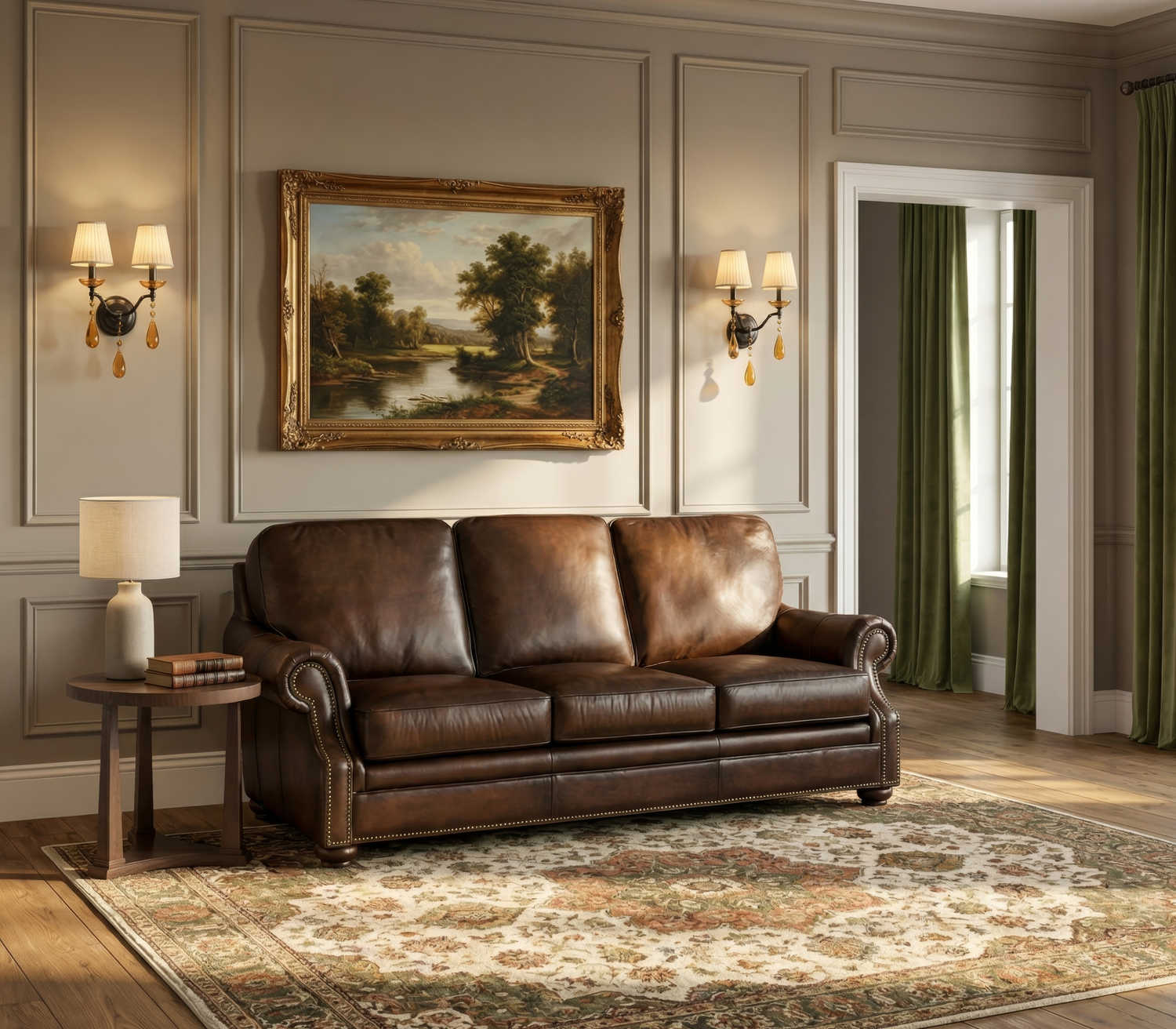 Sofá fijo de cuero Montgomery en marrón Sedona Chateau – Muebles Hooker