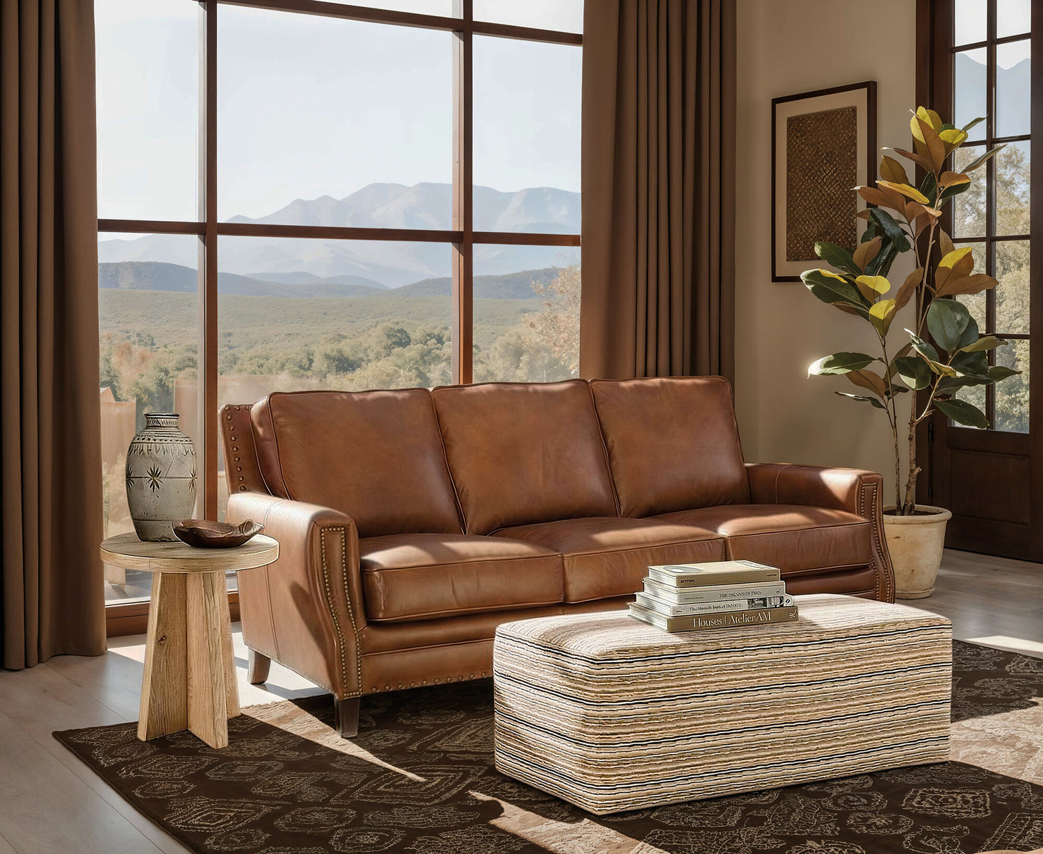 Exton Stationary Sofa in Old English Saddle Leather & Natchez Brown Legs – Hooker Furniture