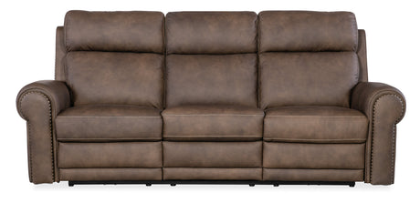Duncan Power Sofa with Power Headrest & Lumbar Support by Hooker Furniture in Kalahari Camel or Bark Leather