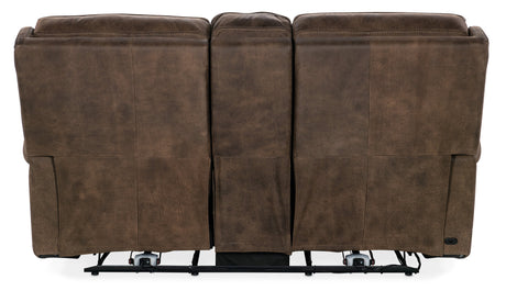 Wheeler Console Loveseat with Power Recline & Power Headrest Seville Timber Leather | Storage Console - sold by Home Elegance USA
