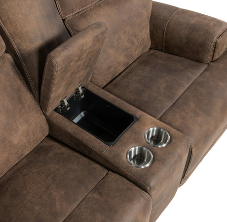 Wheeler Console Loveseat with Power Recline & Power Headrest Seville Timber Leather | Storage Console - sold by Home Elegance USA