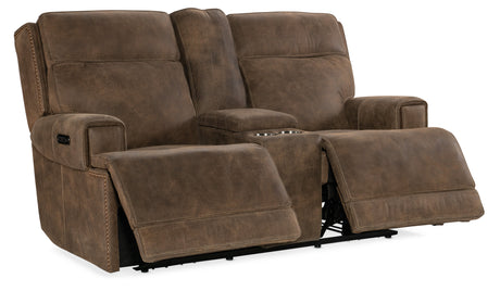 Wheeler Console Loveseat with Power Recline & Power Headrest Seville Timber Leather | Storage Console - sold by Home Elegance USA