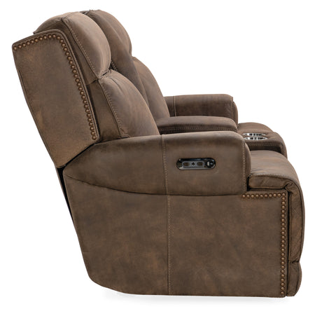 Wheeler Console Loveseat with Power Recline & Power Headrest Seville Timber Leather | Storage Console - sold by Home Elegance USA