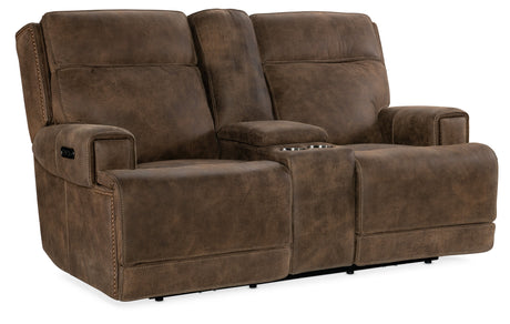 Wheeler Console Loveseat with Power Recline & Power Headrest Seville Timber Leather | Storage Console - sold by Home Elegance USA