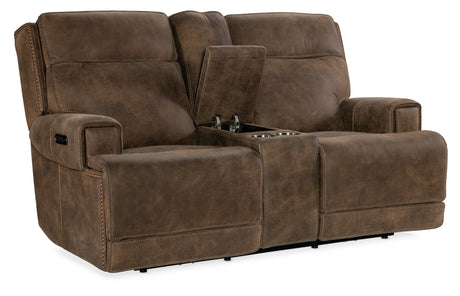 Wheeler Console Loveseat with Power Recline & Power Headrest Seville Timber Leather | Storage Console - sold by Home Elegance USA