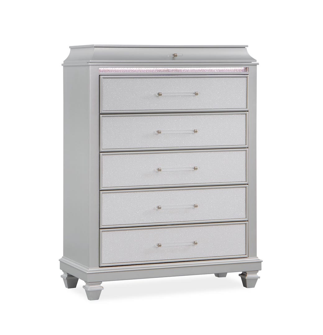 Gray dresser with five drawers on a white background