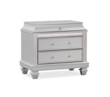 Gray dresser with two drawers on a white background