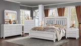 Sabrina Bedroom Set by Cosmos Furniture in white finish with LED headboard. Includes Queen/King bed, dresser 66×18×39, mirror 44×2×40, nightstand 30×18×27, and optional chest 40×18×54.