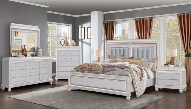 Sabrina Bedroom Set by Cosmos Furniture in white finish with LED headboard. Includes Queen/King bed, dresser 66×18×39, mirror 44×2×40, nightstand 30×18×27, and optional chest 40×18×54.