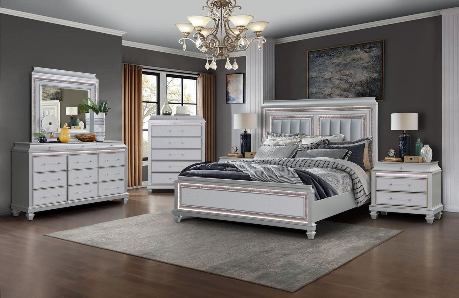 Sabrina Bedroom Set | Silver or White Finish – Modern Glam | Cosmos Furniture