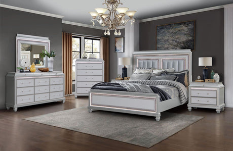 Sabrina Bedroom Set by Cosmos Furniture in white finish with LED headboard. Includes Queen/King bed, dresser 66×18×39, mirror 44×2×40, nightstand 30×18×27, and optional chest 40×18×54.