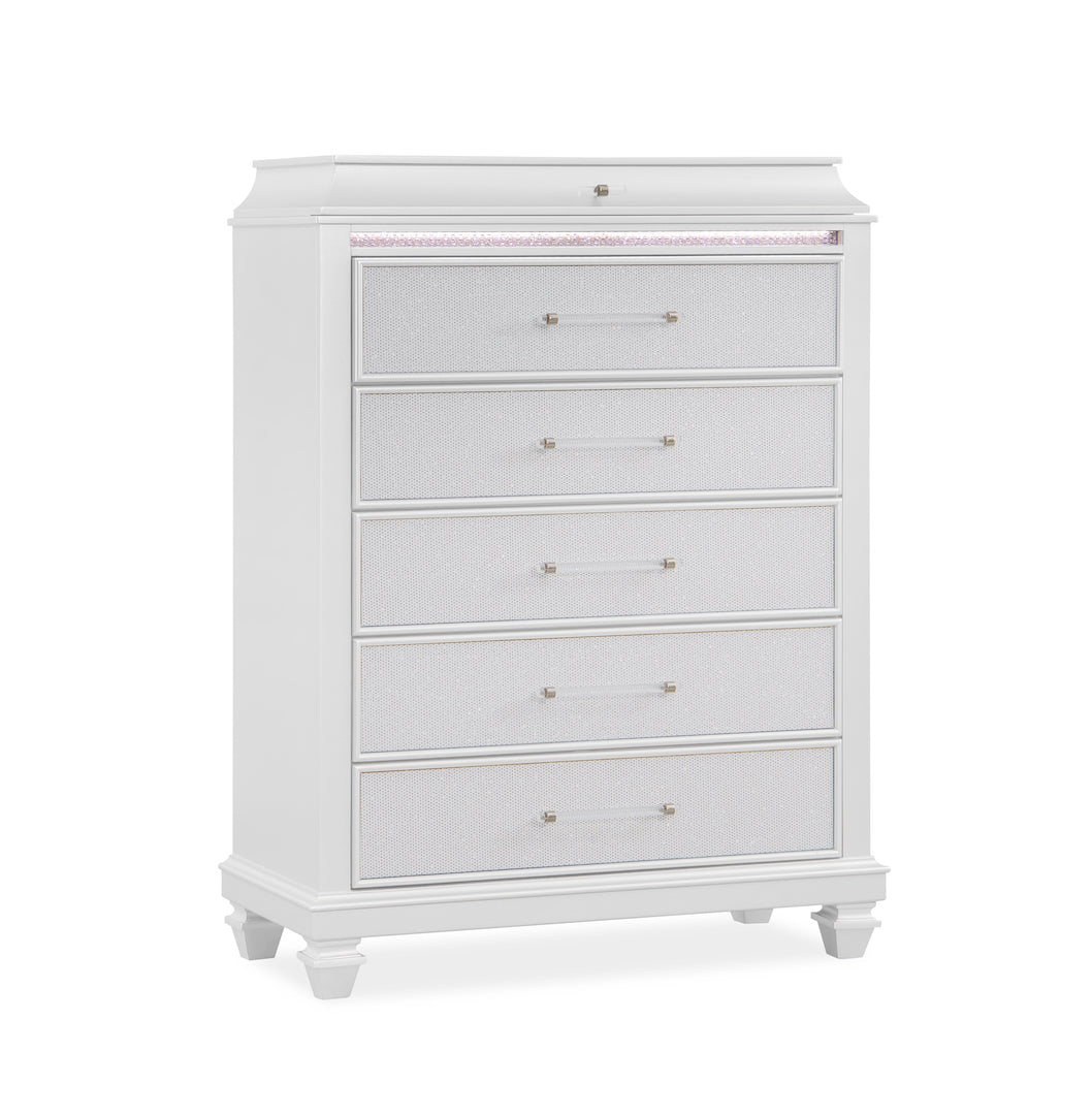 White dresser with five drawers on a white background