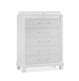 White dresser with five drawers on a white background