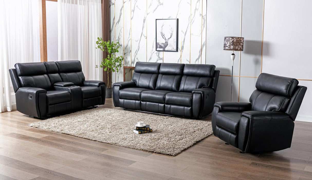 Safari P2 power motion living room set with sofa (85×38×41), loveseat with console (77×38×41), and optional power recliner (39×38×41). Features dual power recline, storage console, and modern design.