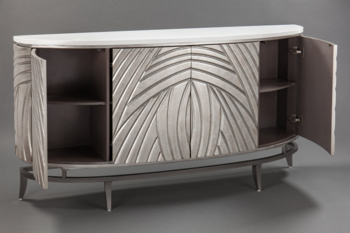 Furniture piece with leaf-patterned design on a gray background