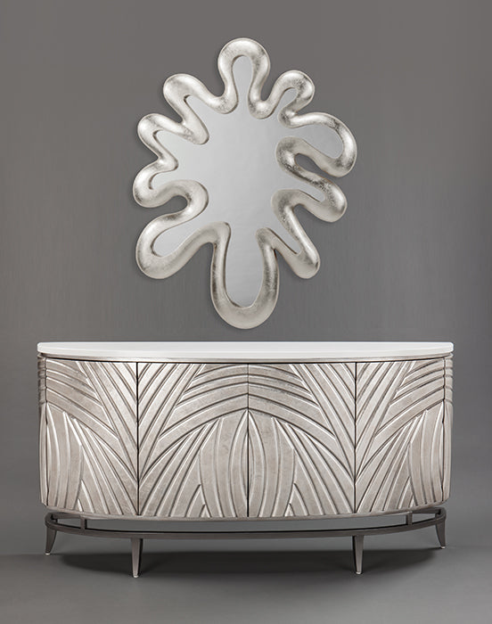 Decorative cabinet with textured design and a unique mirror on a gray background