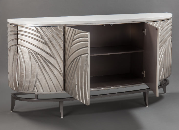 Wooden sideboard with wavy pattern on a gray background