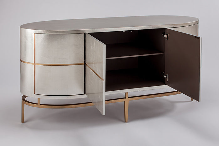 Oval-shaped metallic cabinet with open doors on a gray background