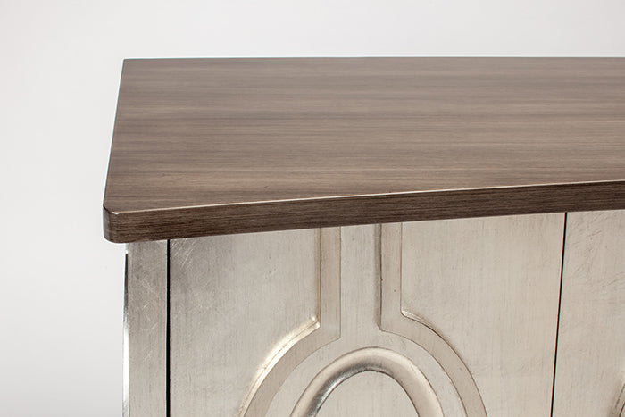 Wooden console table with decorative panel on a white background