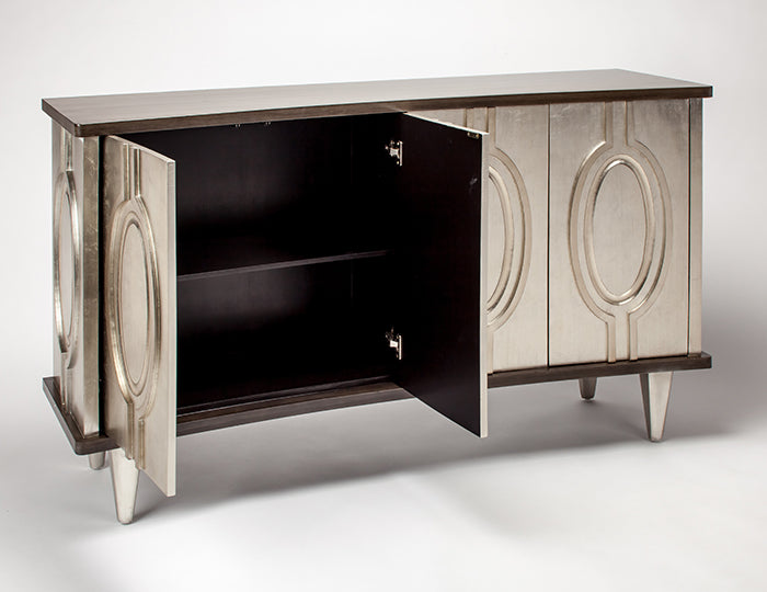 Decorative cabinet with open door on a white background