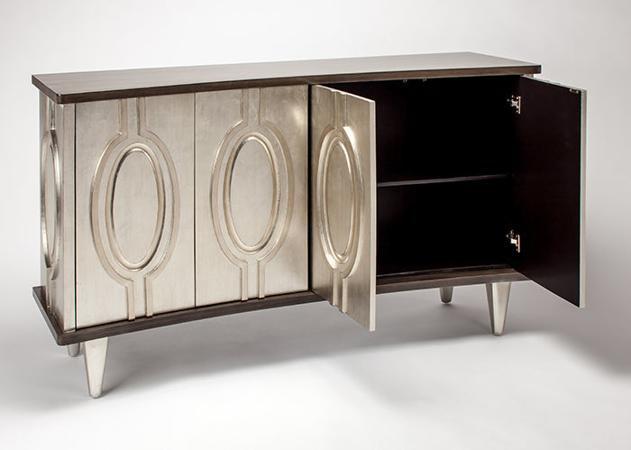 Decorative sideboard with open door on a white background