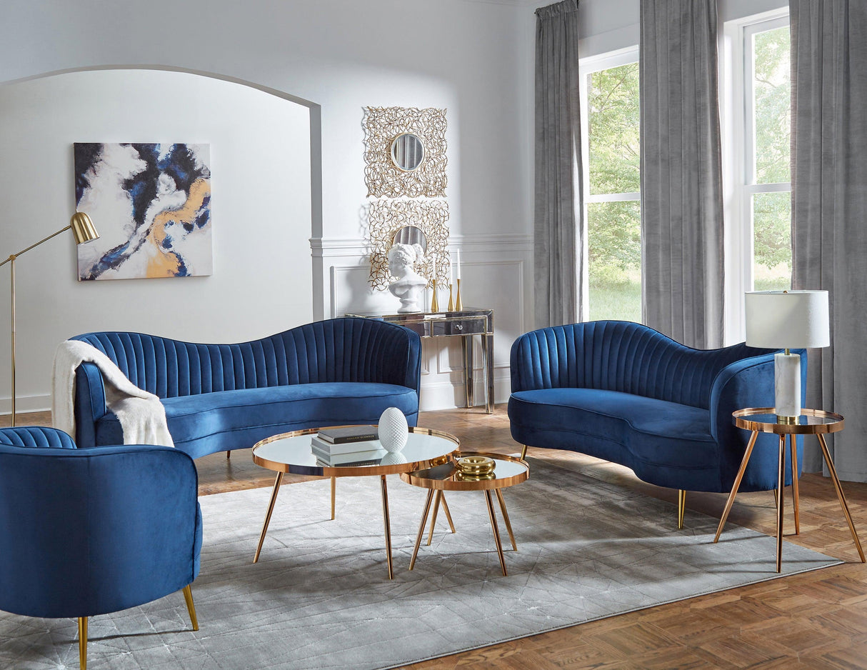 Sophia Upholstered Camel Back Loveseat Blue By Coaster Furniture - Home Elegance USA