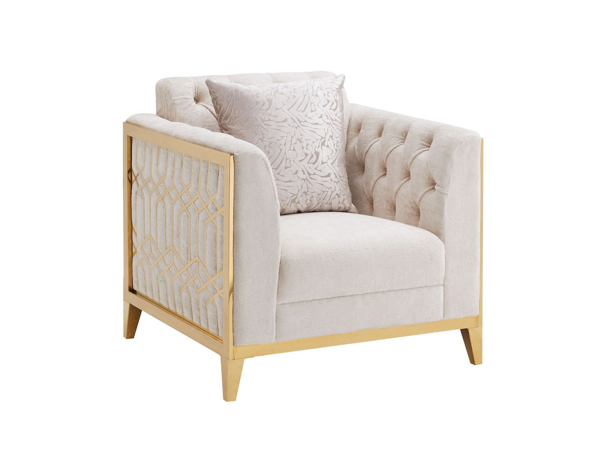 Beige armchair with gold frame and textured pillow on a white background