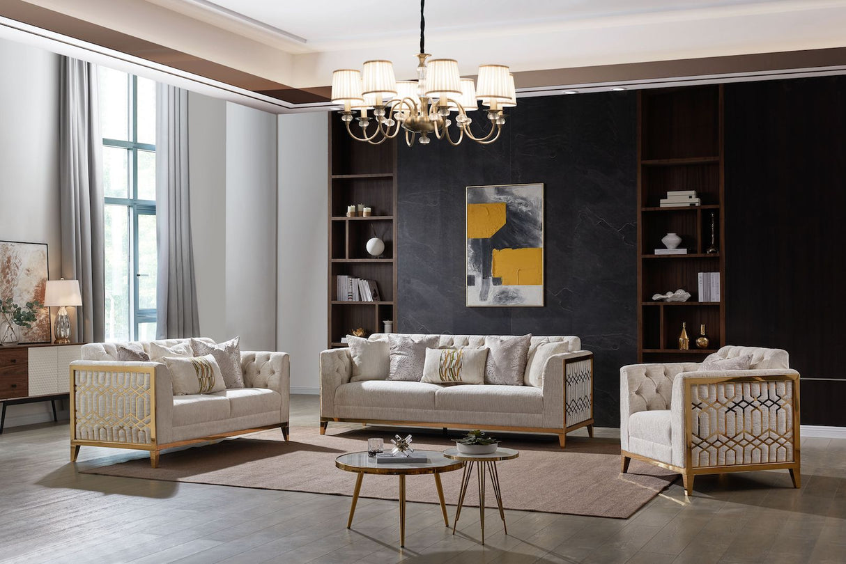 Stella Living Room Set by Cosmos Furniture with gold accents; includes sofa (92×35×36), loveseat (70×35×36), and optional chair (37×35×36). Modern fabric upholstery with elegant detailing.