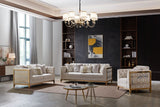 Stella Living Room Set by Cosmos Furniture with gold accents; includes sofa (92×35×36), loveseat (70×35×36), and optional chair (37×35×36). Modern fabric upholstery with elegant detailing.