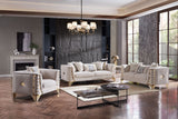 Tanya Living Room Set by Cosmos Furniture with gold detailing; includes sofa (92×38×31), loveseat (69×38×31), and chair (46×38×31). Modern fabric upholstery with elegant, contemporary accents.