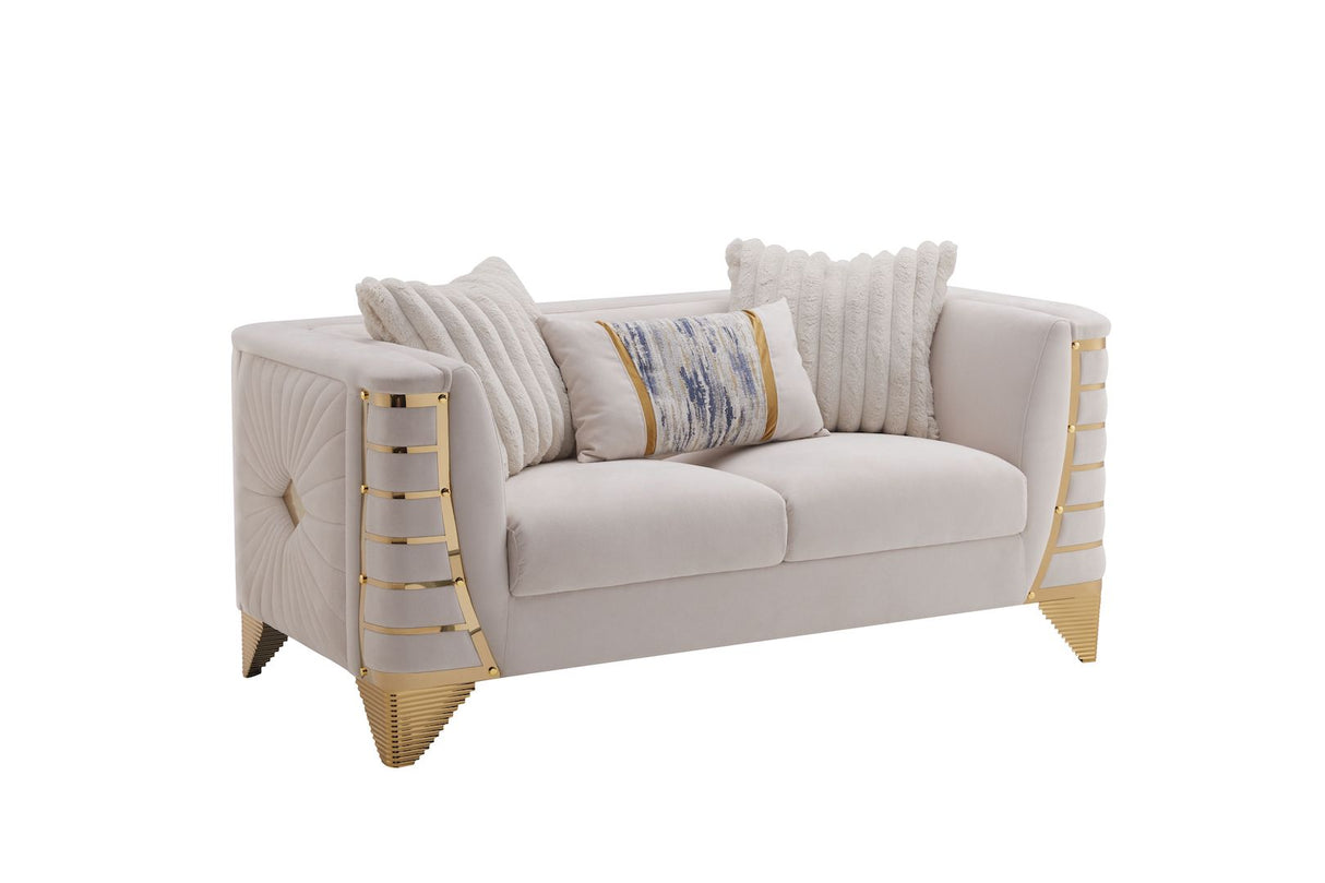 Beige sofa with decorative pillows on a white background