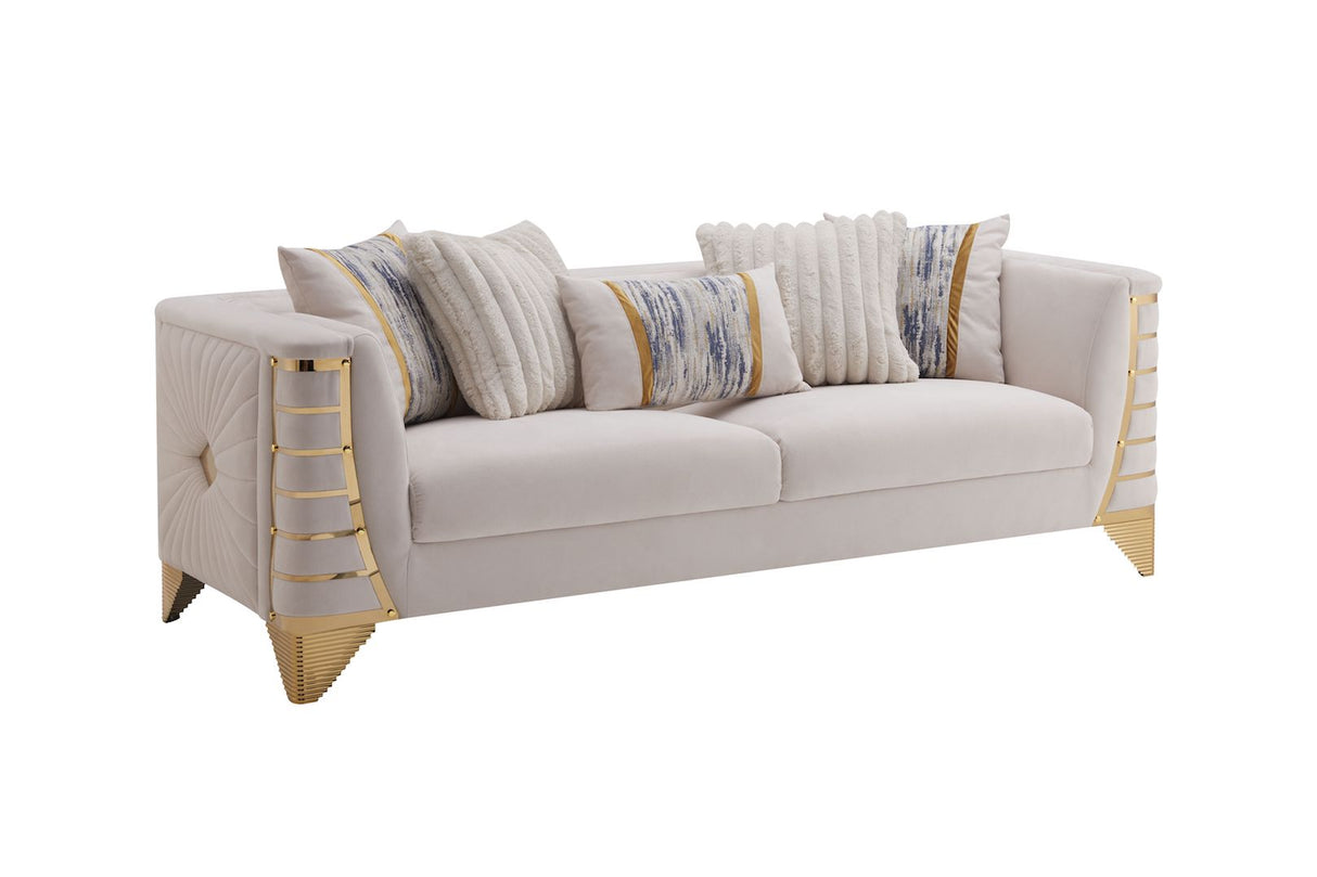 Beige sofa with decorative pillows on a white background